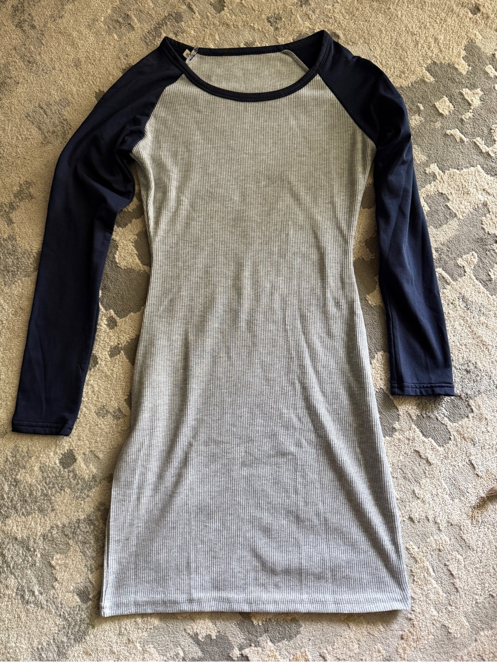 Ribbed Long Sleeve Raglan Dress - Gray Body with Navy Sleeves